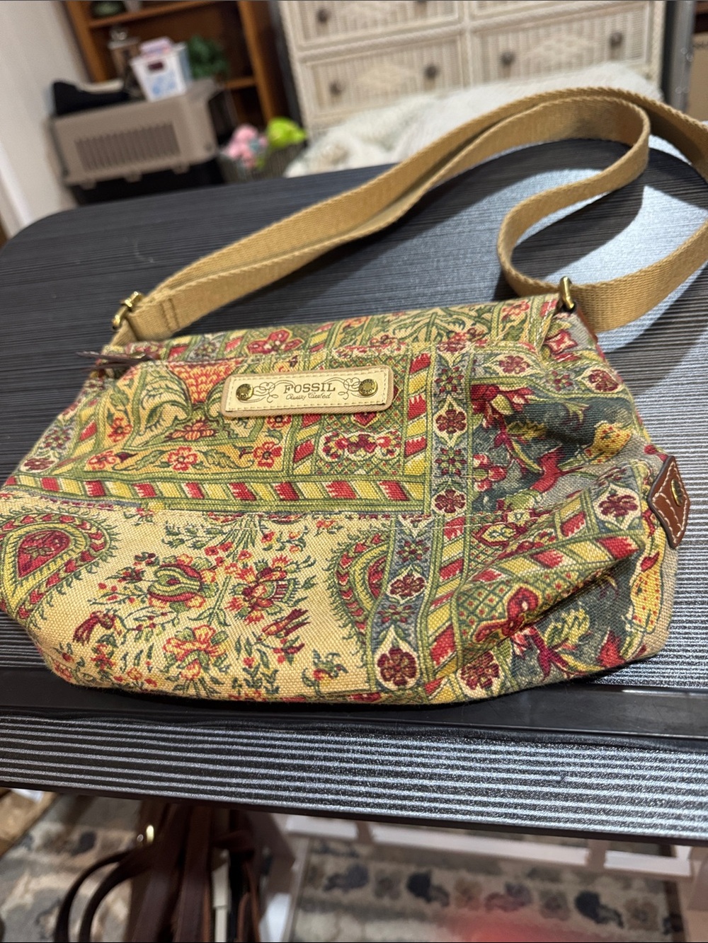 Fossil Multicolor Floral Tapestry Crossbody with Tan Strap